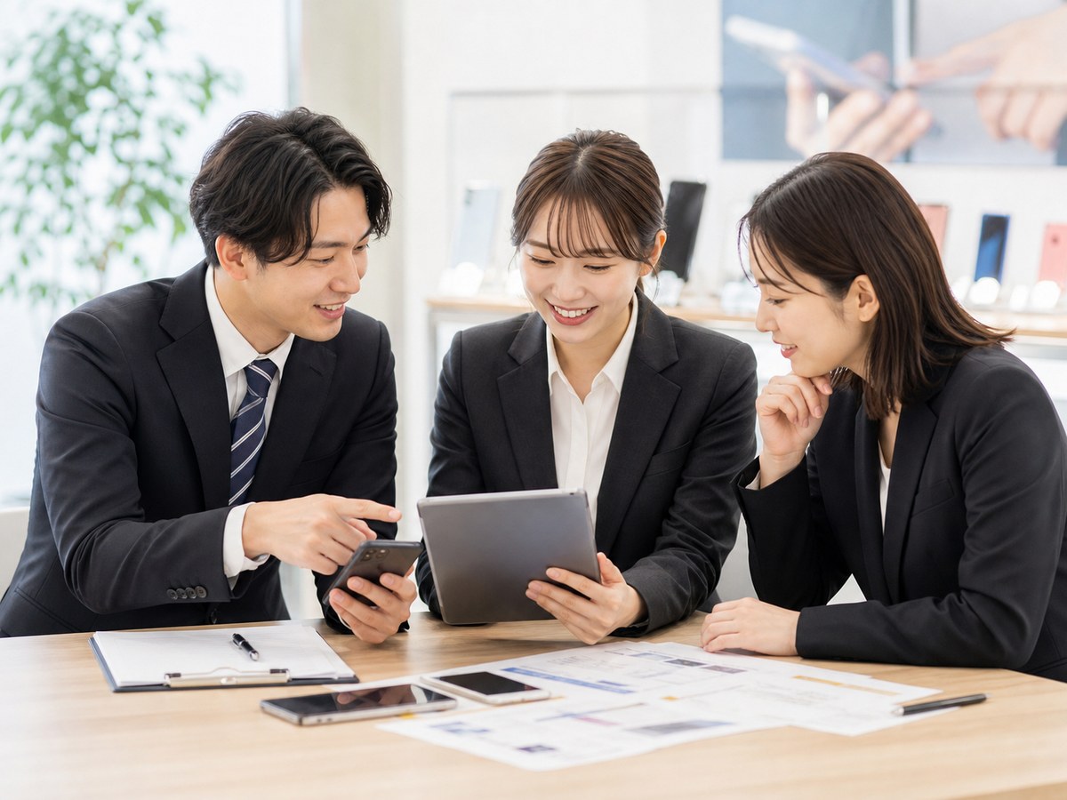 スマートフォンを囲んで協力する日本人スタッフ